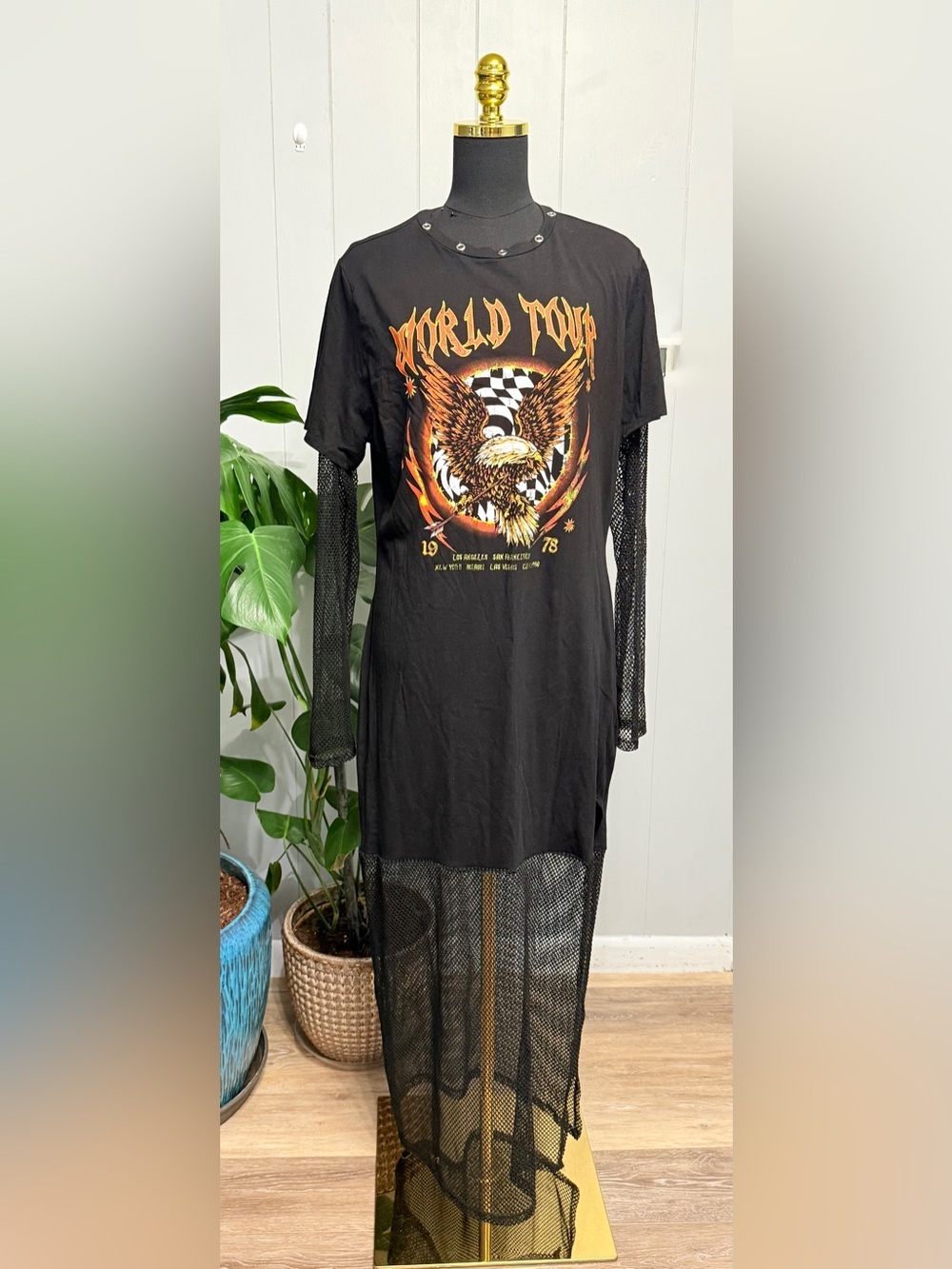 Fashion Nova Word Tour 1978 Black Maxi Dress with Gold and Orange Eagle Graphic
